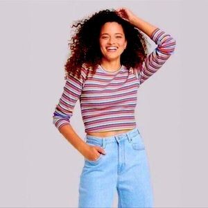 Wild Fable Multicolor Ribbed Stripped Long-Sleeve Crop Top Pink & Yellow- L